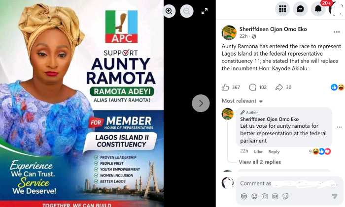 Political poster of Aunty Ramota with claim she declare interest in House of Reps position